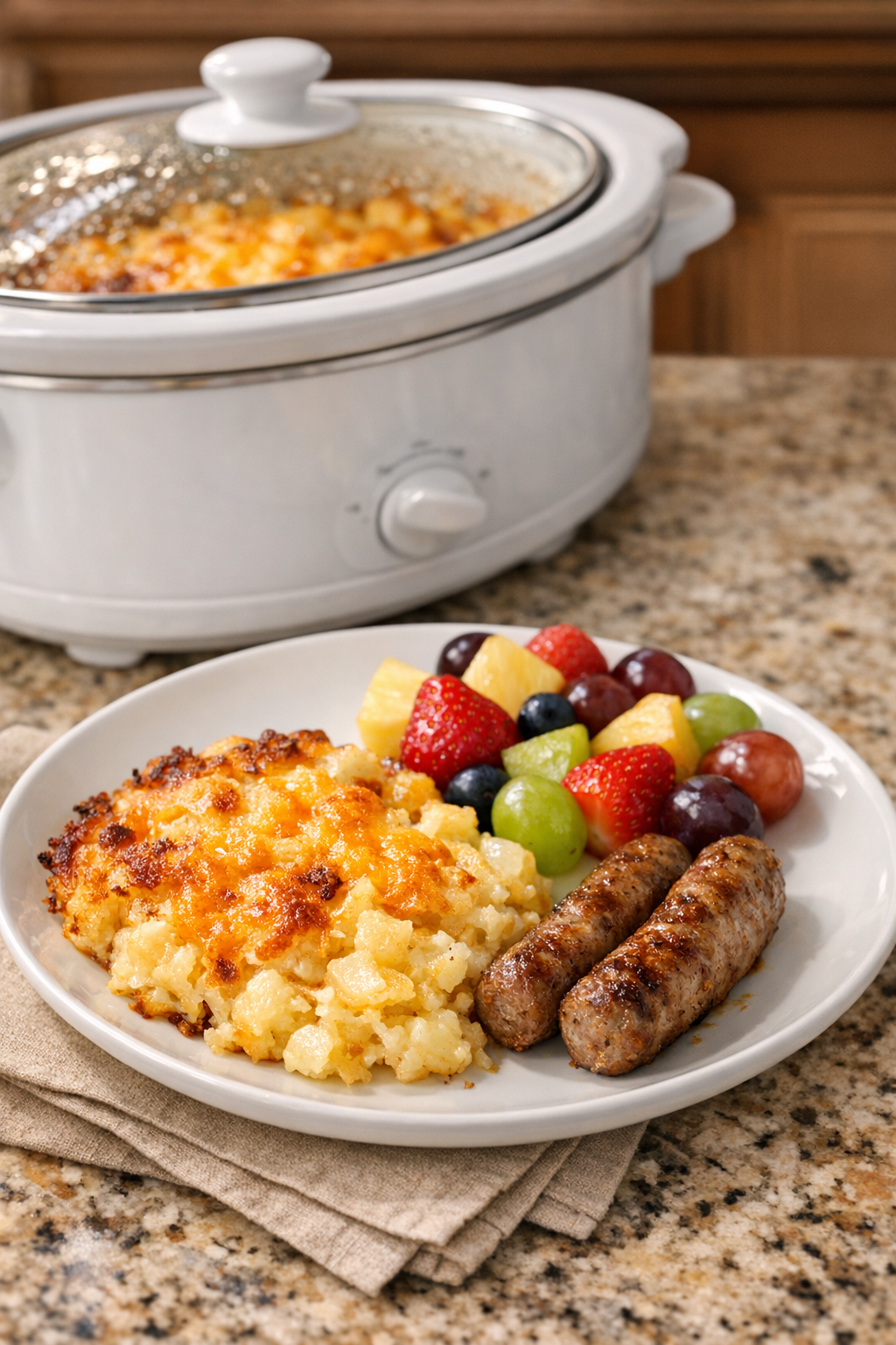 Final plated cheesy hash brown casserole with breakfast sides