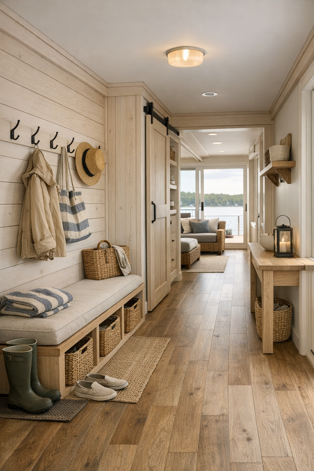 Thoughtful secondary space with built-in bench, wide passage, and cozy lake cottage details