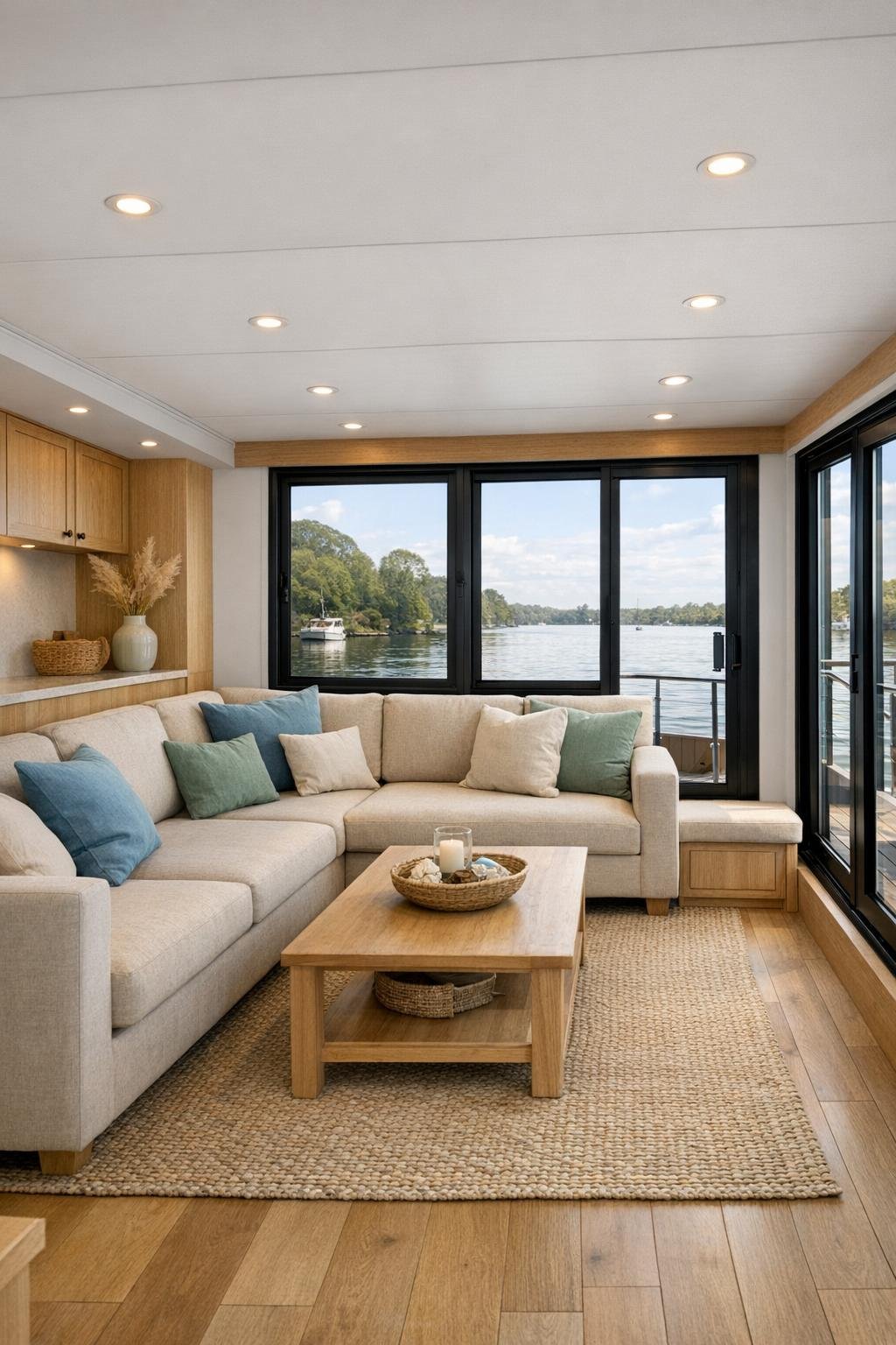 Bright living room with an oatmeal sectional, pale oak built-ins, and large black-framed windows facing the water