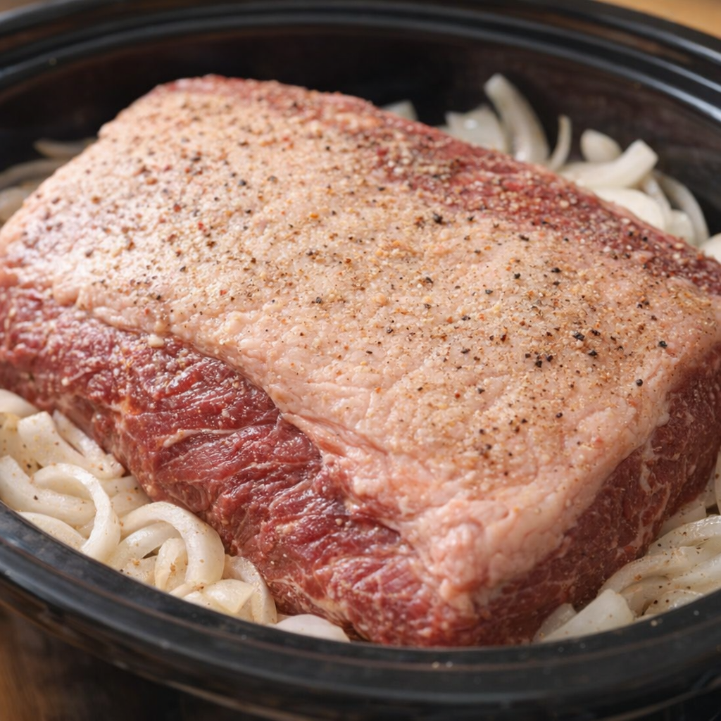 Raw brisket resting over sliced onions in a slow cooker