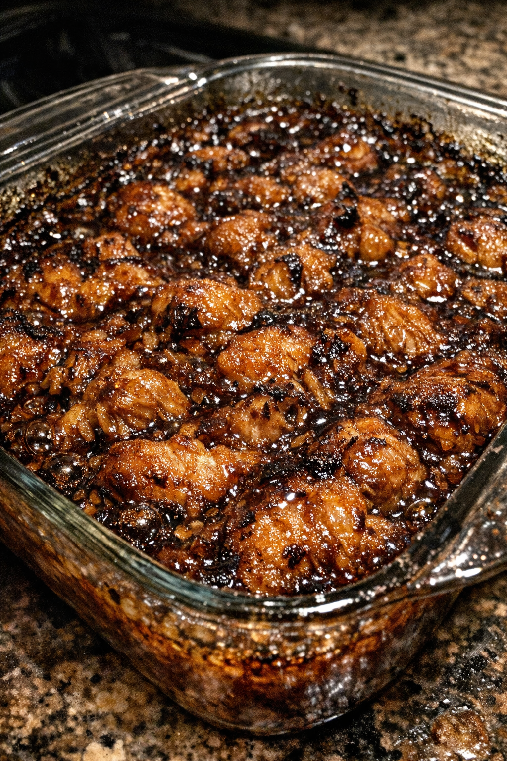 Fibrous bubbling bake glazed with dark amber sauce in a glass casserole dish