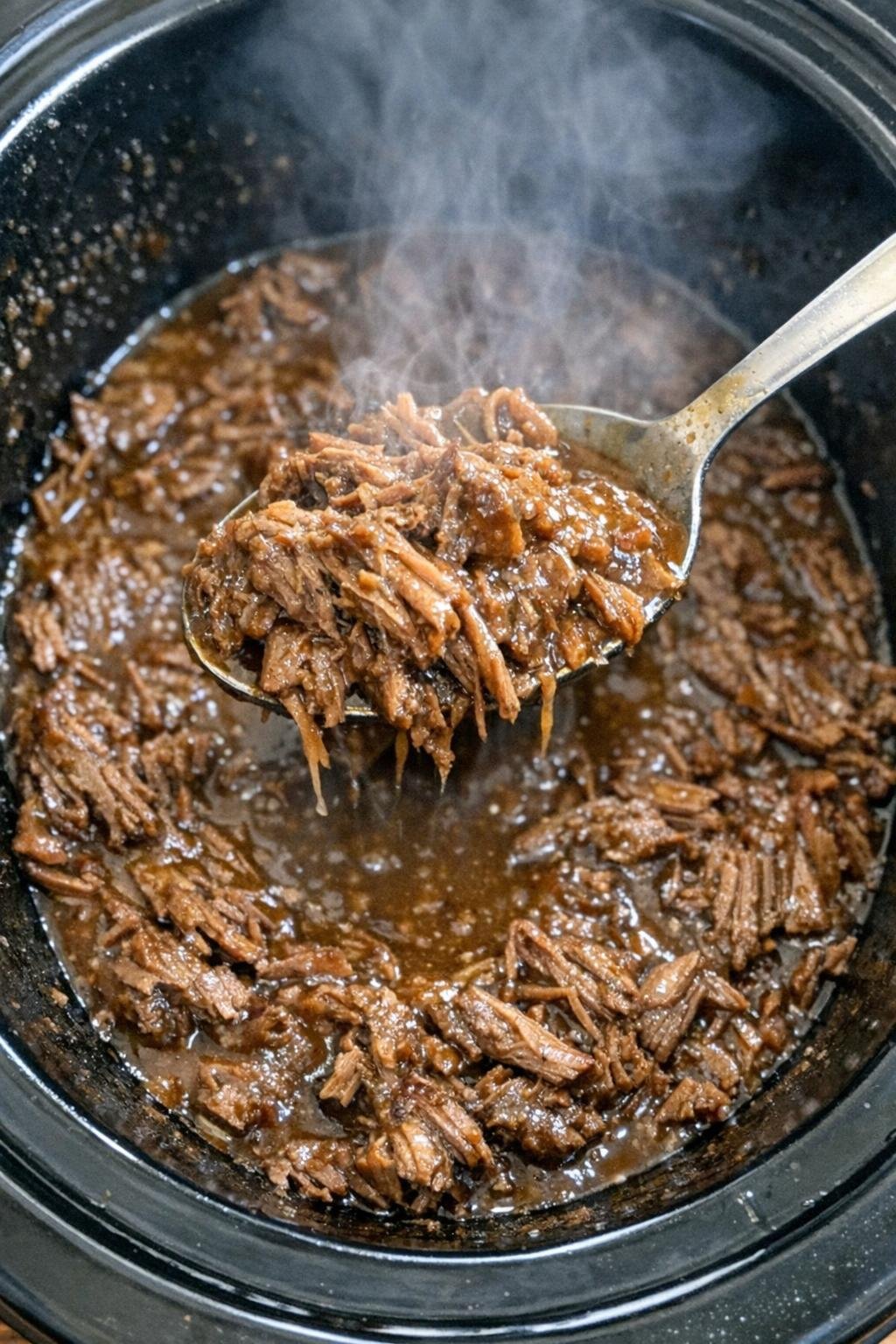 Tender shredded beef in rich brown gravy in a slow cooker