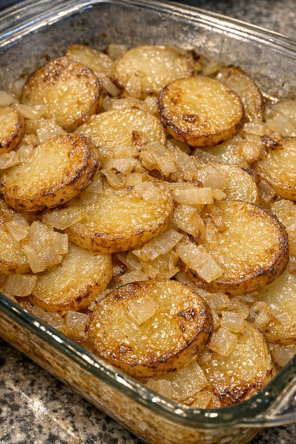 Golden browned sliced potato casserole in a glass baking dish