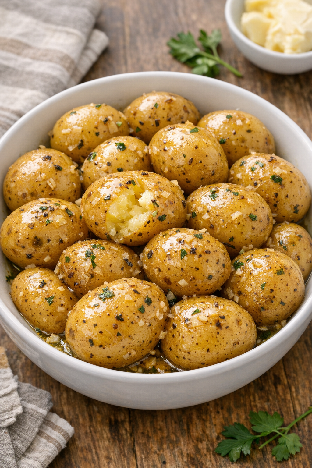 Finished slow cooker baby gold potatoes in a serving bowl