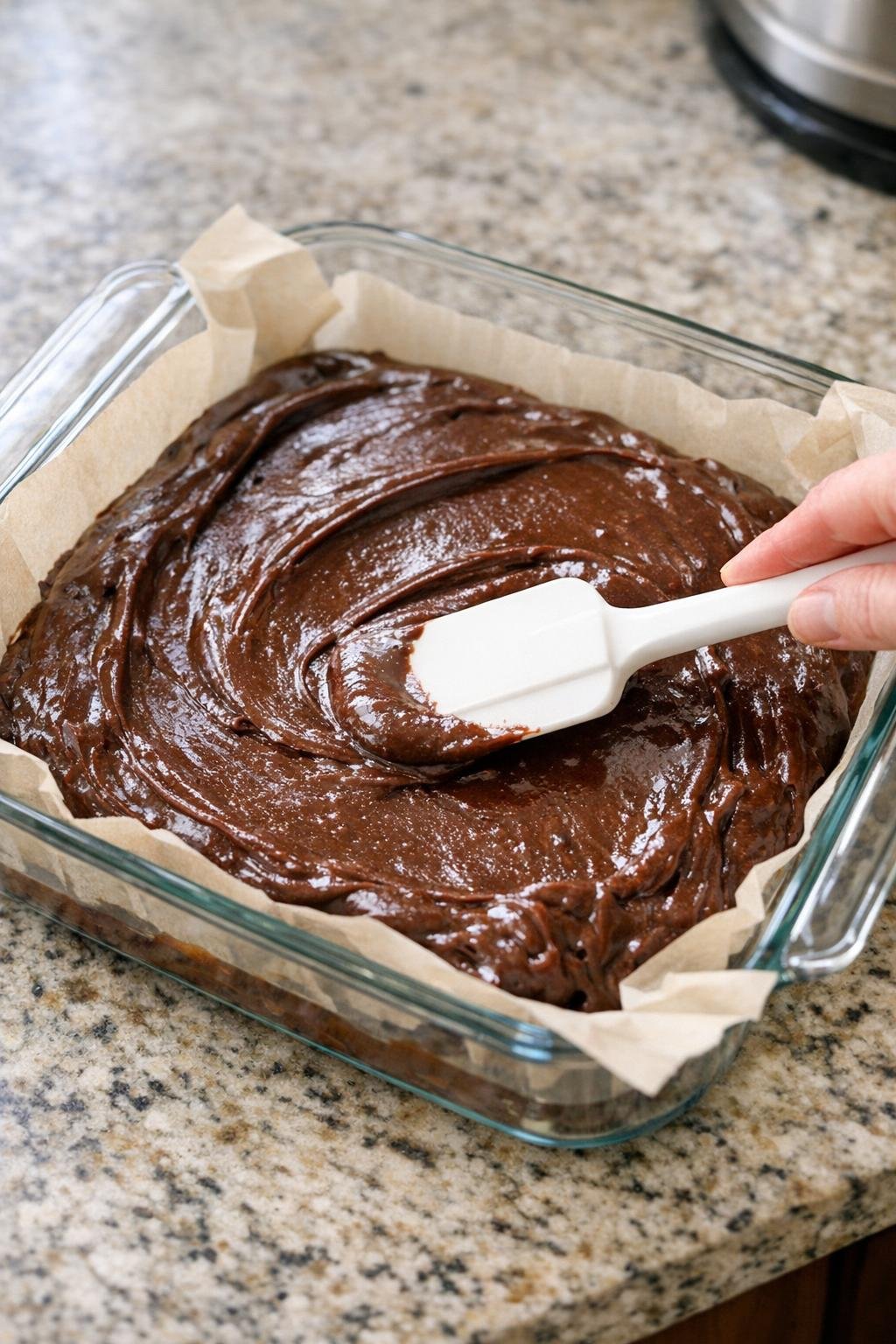 Chocolate mixture spread in the pan