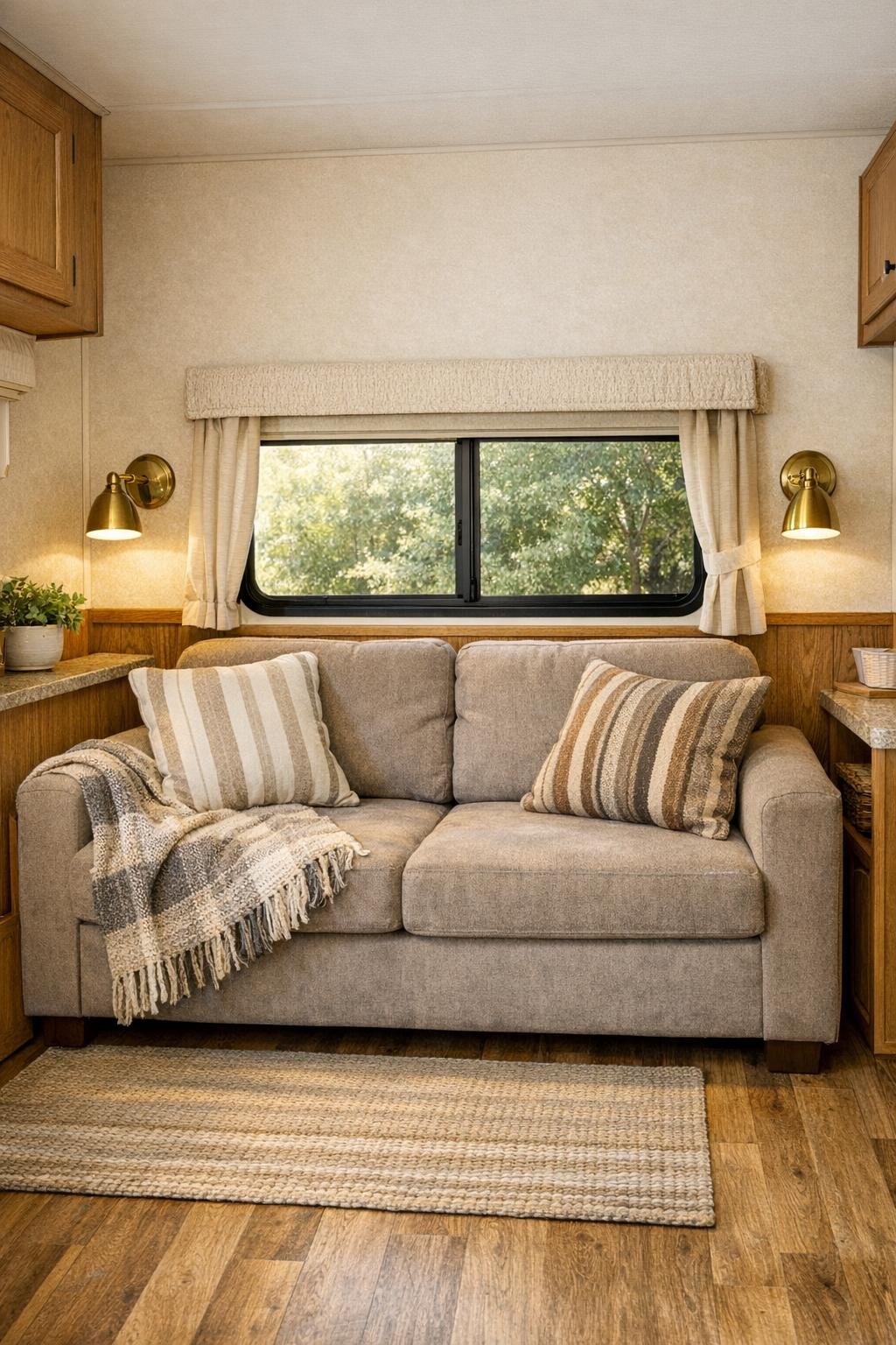 Warm camper living room with a small sofa, oak-toned paneling, and soft natural light