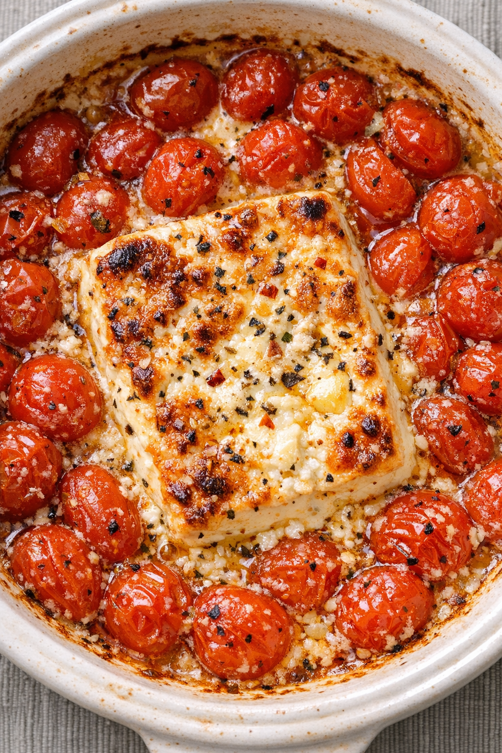 Finished feta tomato bake with melted cheese and burst tomatoes