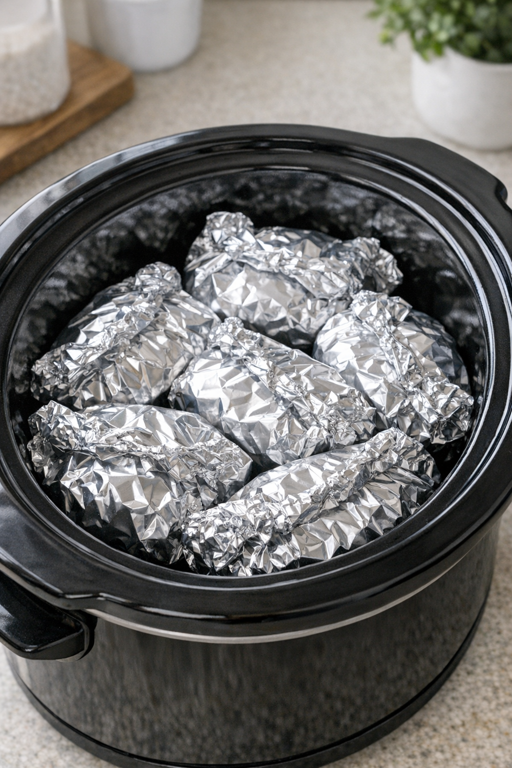 Foil packets sealed and arranged in a black slow cooker