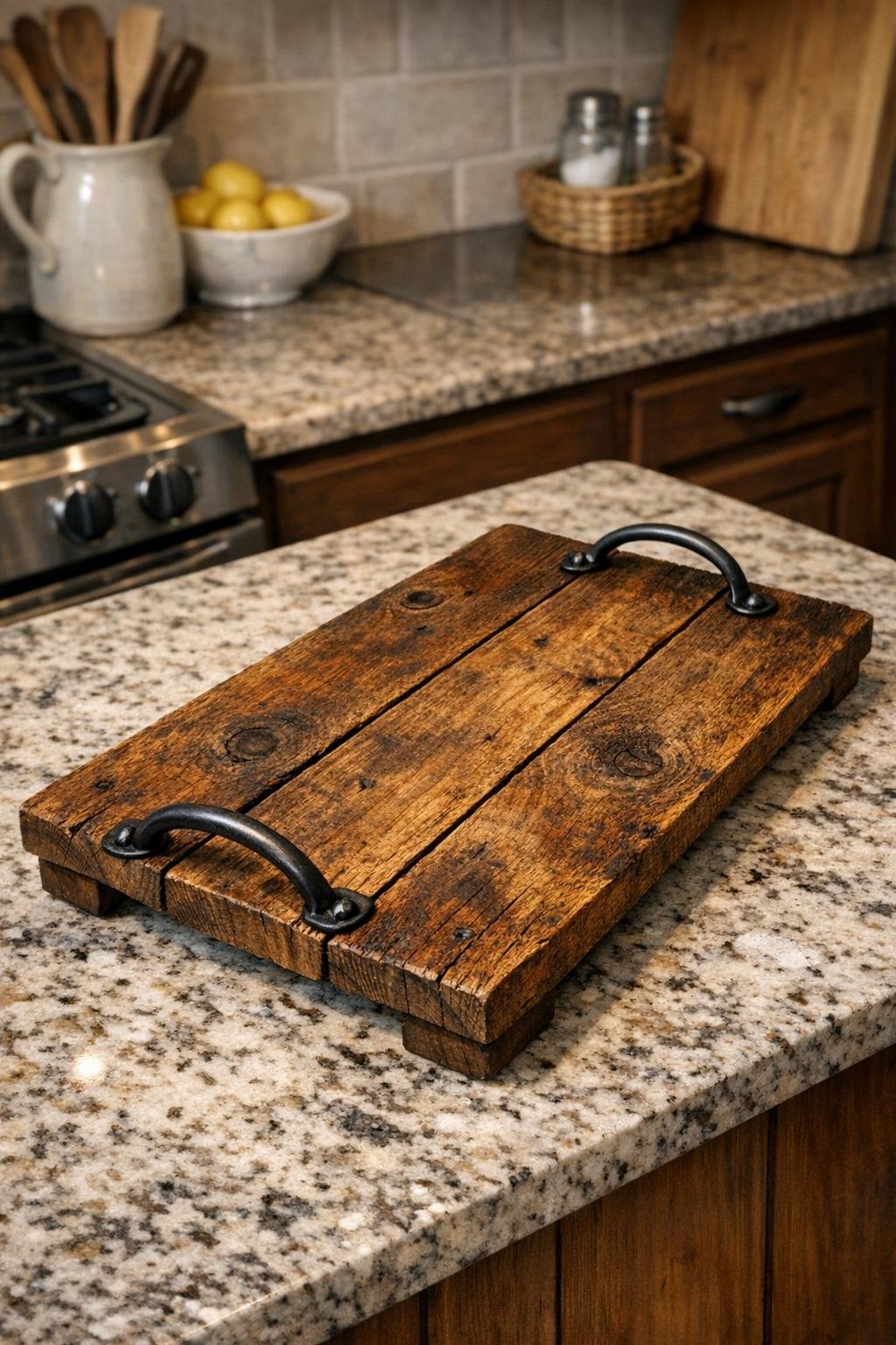 Finished rustic serving tray made from old fence pickets with drawer pull handles