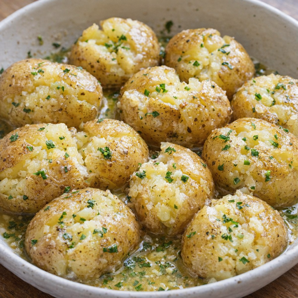 Rustically crushed butter potatoes with herbs