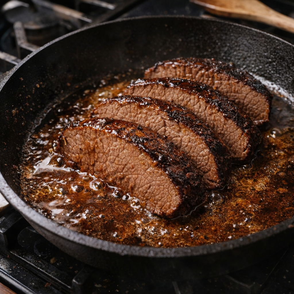 Seared beef slices in skillet