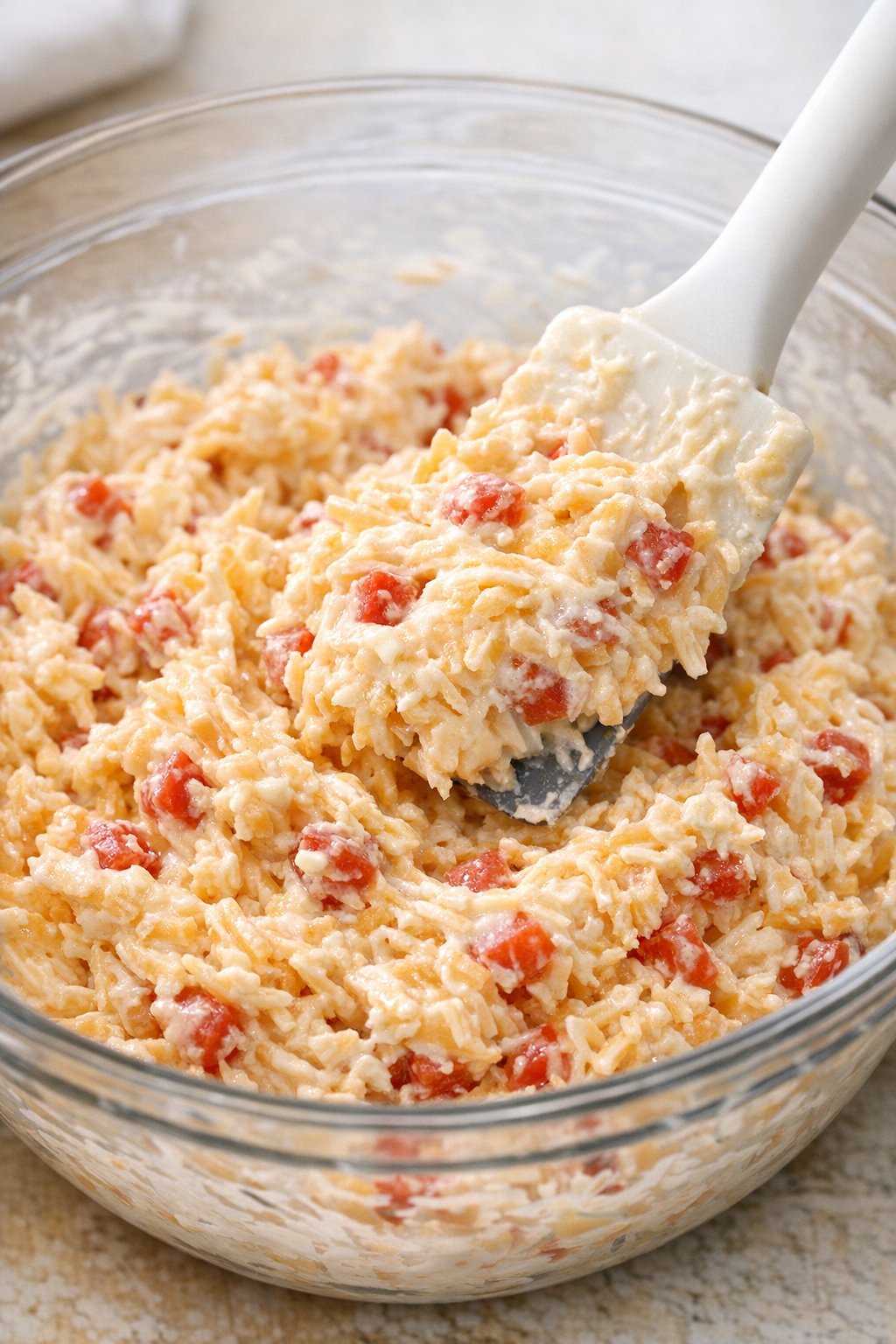 Pimento cheese being mixed until creamy