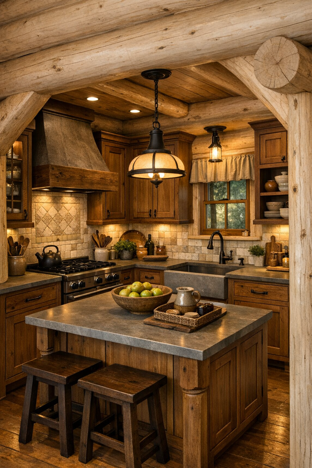 Kitchen with Amish-crafted inset cabinetry, stone-inspired counters, and a functional central island