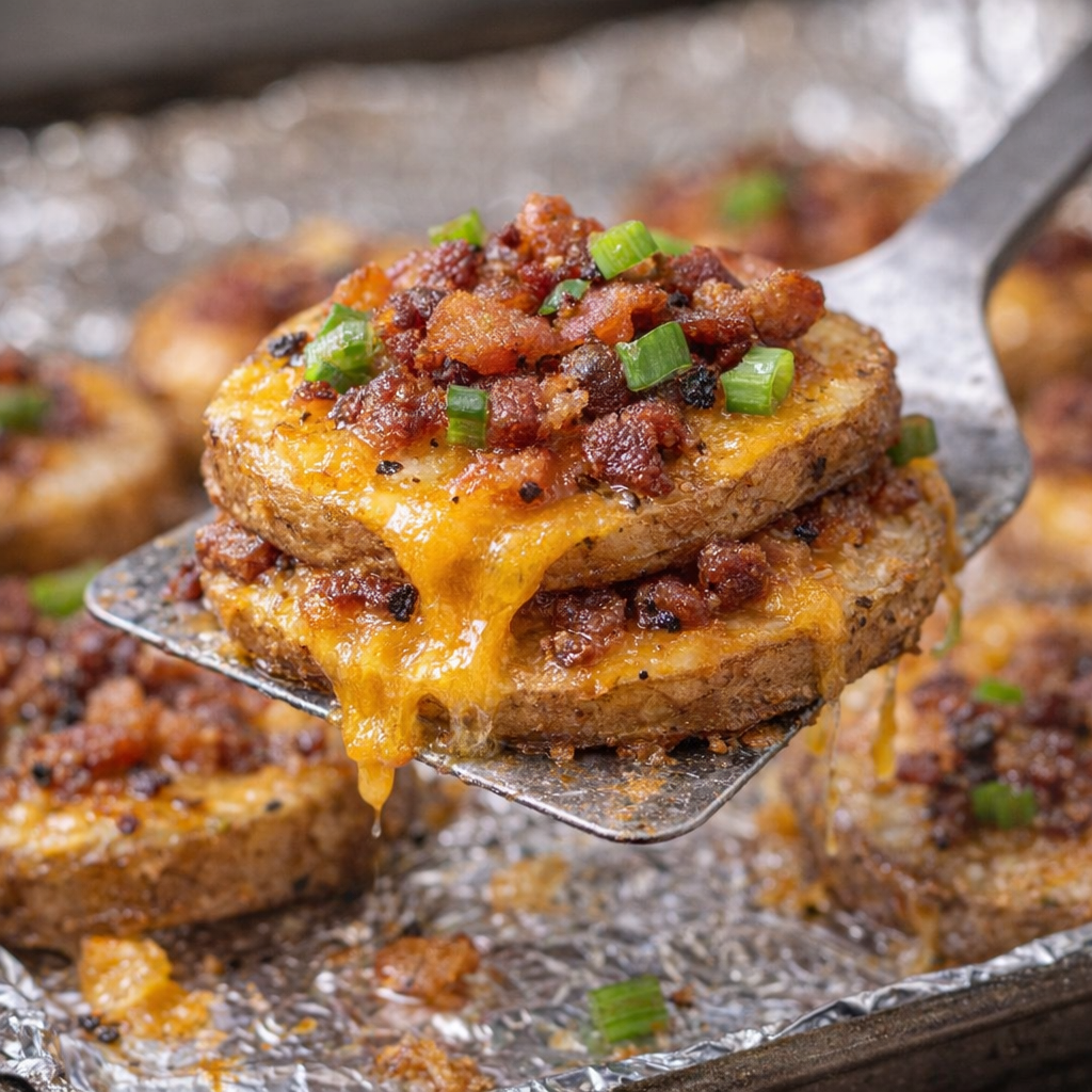 Spatula lifting a serving of Irish nachos from the pan