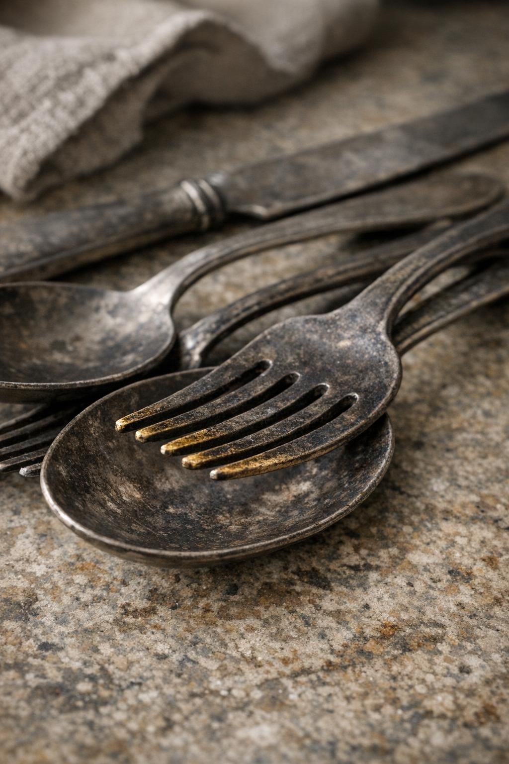 Close view of silverware showing tarnish and plating wear