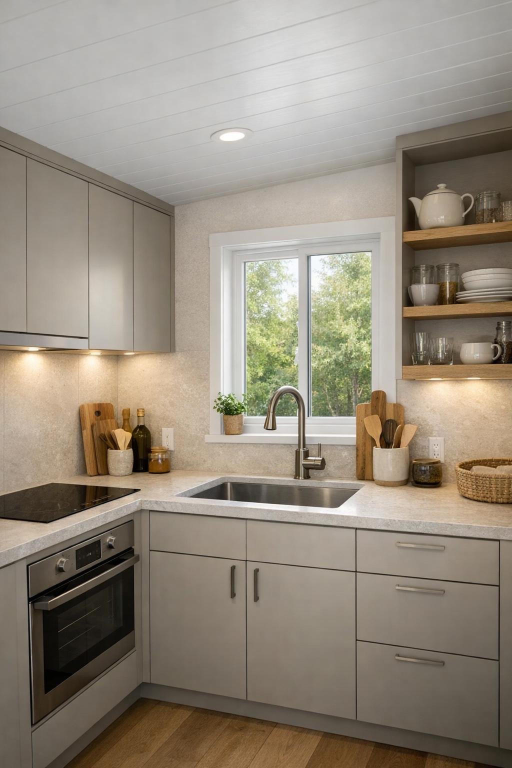 Tiny home kitchen with putty cabinetry, oak shelving, and pale stone counters