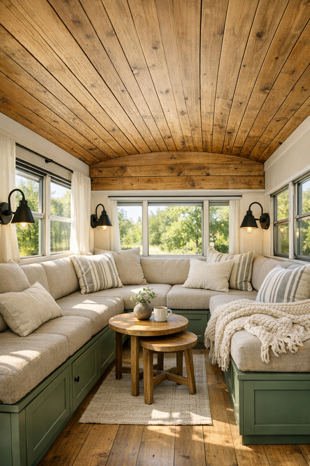 Rustic converted bus living room with built-in bench seating and warm wood finishes