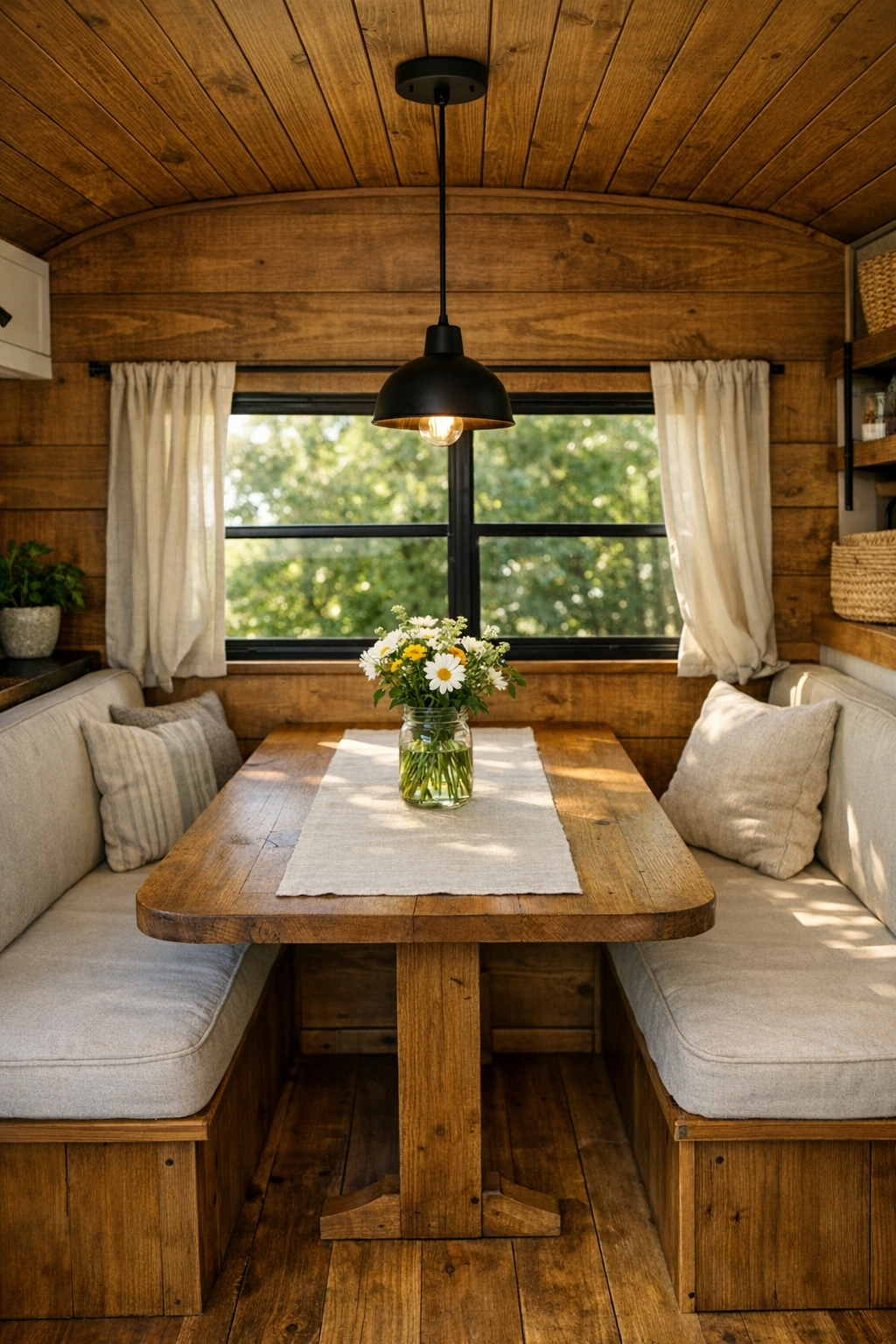 Built-in dining nook inside the converted bus with wood table and bench seating