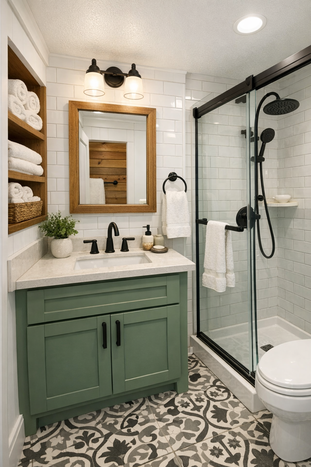 Bright compact bathroom with sage vanity, light tile, and black fixtures