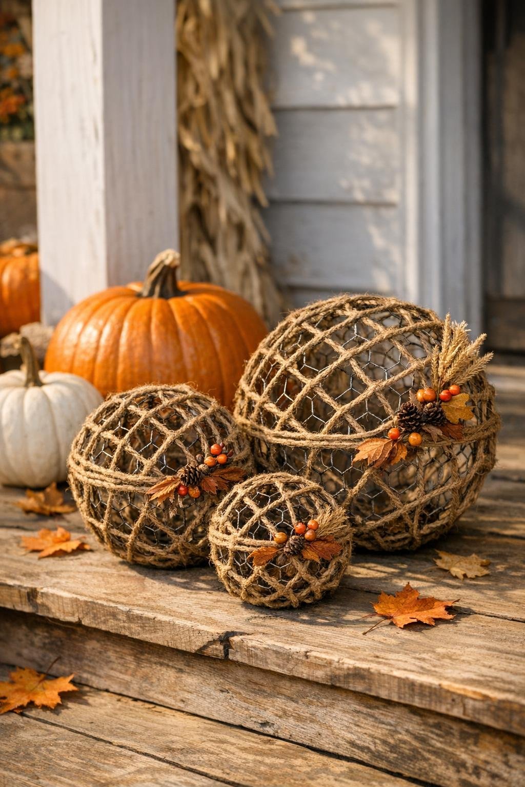 Finished set of three rustic fall porch spheres
