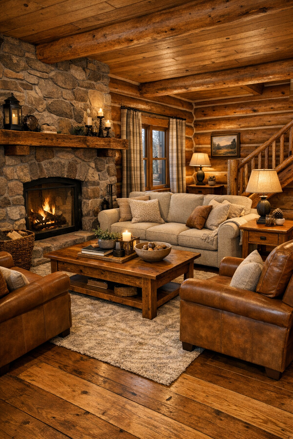 Warm rustic living room with log walls, stone fireplace, and Amish-crafted wood furniture