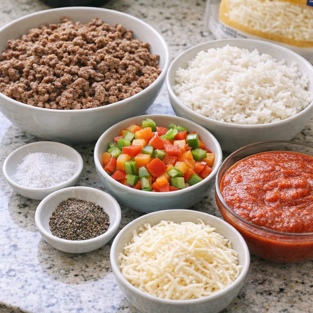 Prepped casserole ingredients arranged on a kitchen counter