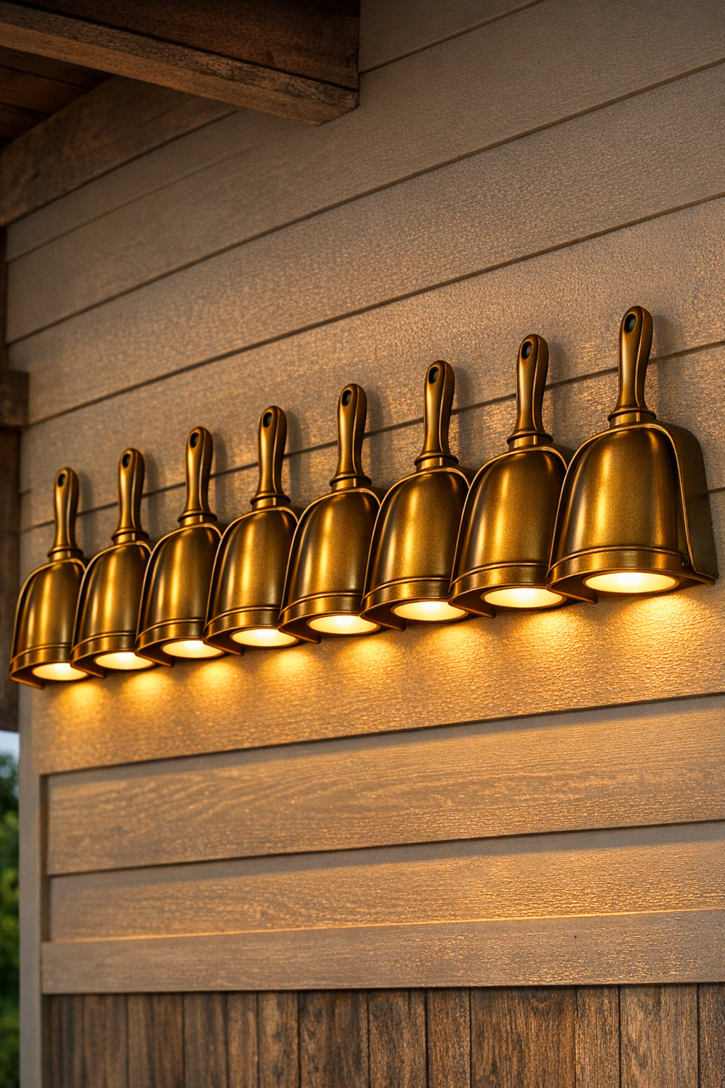 Finished antique brass dustpan wall sconces glowing on a porch