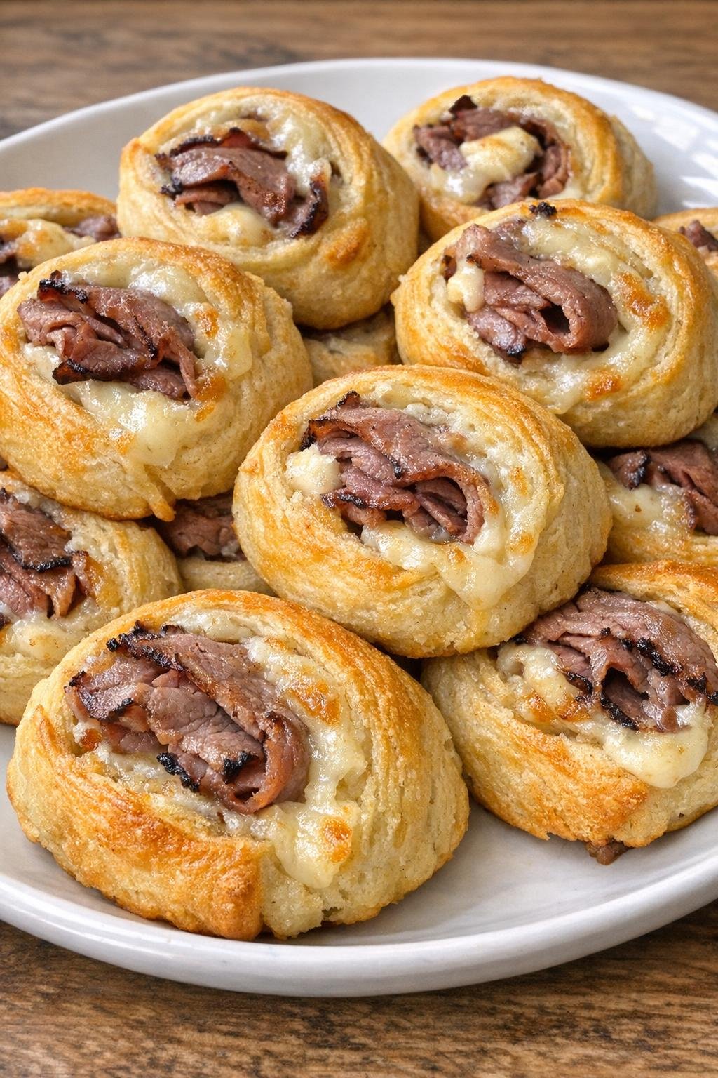 Golden brown roast beef and fontina crescent pinwheels on a white platter
