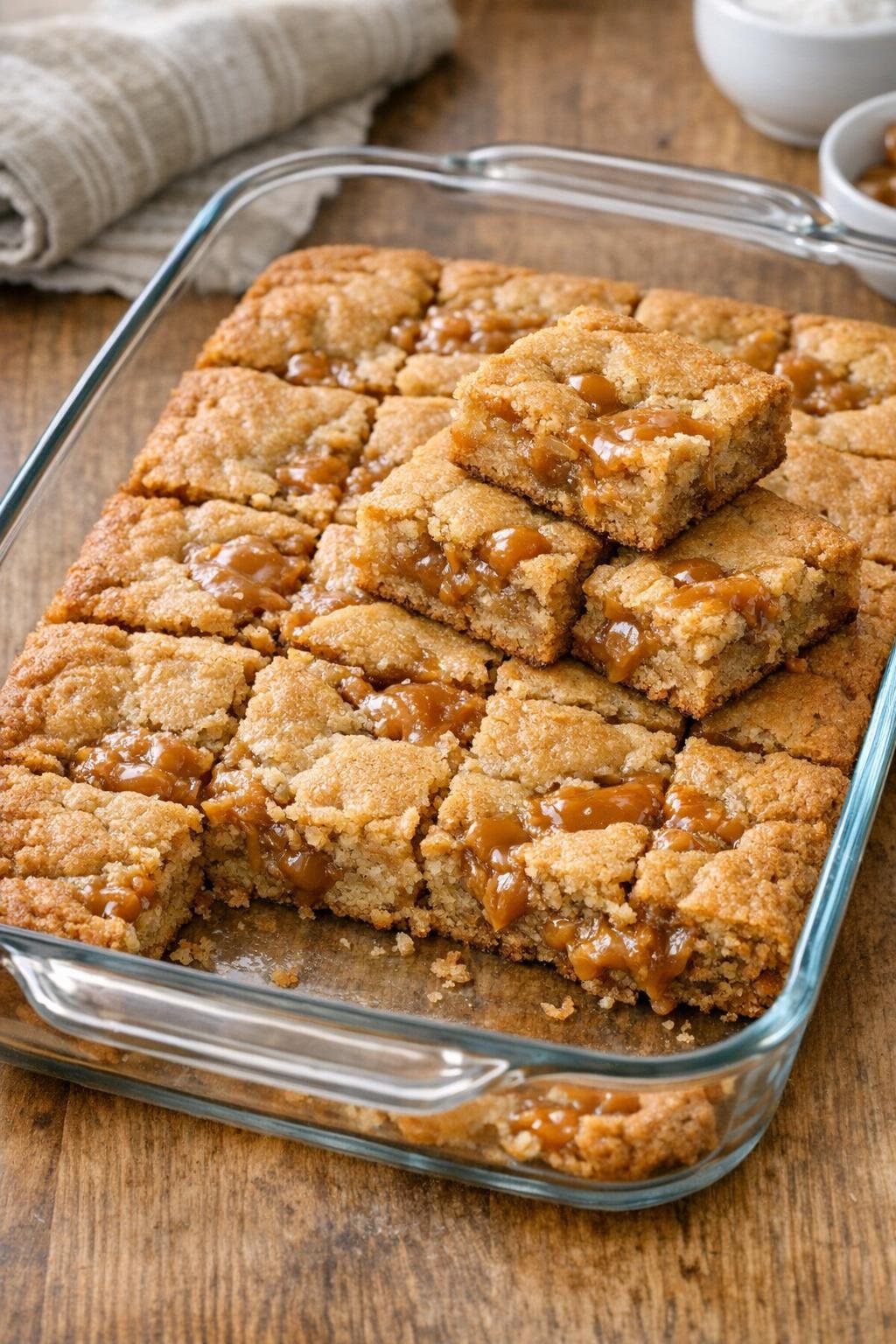 Finished caramel cream blondie bars in a glass baking dish