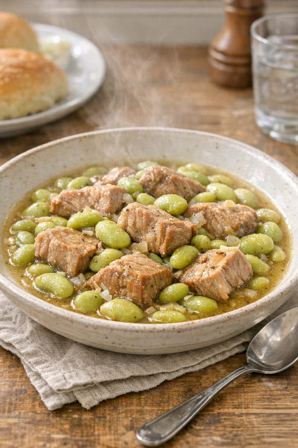 Finished slow cooker lima beans and pork served in a rustic bowl