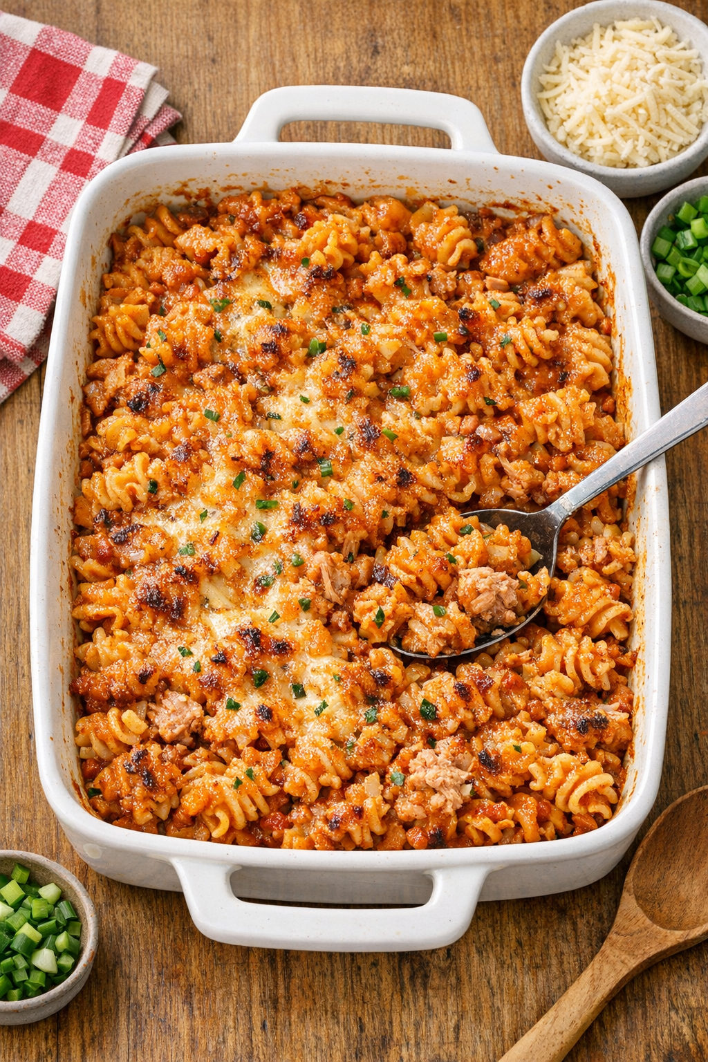Finished baked spicy tuna radiatori in a casserole dish