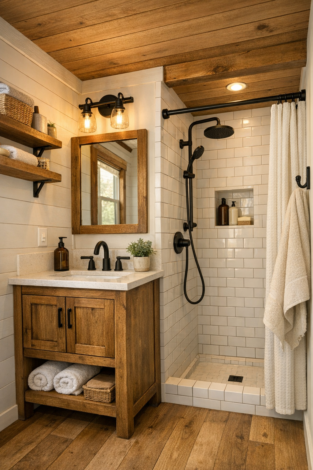 Compact rustic bathroom with wood vanity, white tile shower, and farmhouse details