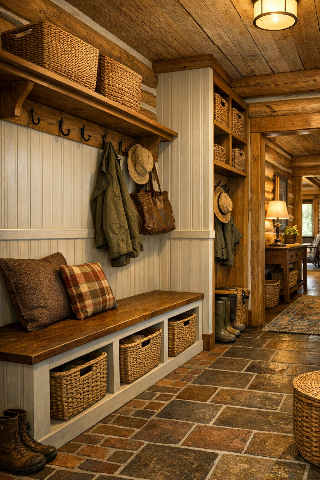 Thoughtful mudroom and hall area with built-in bench, beadboard, and durable country finishes
