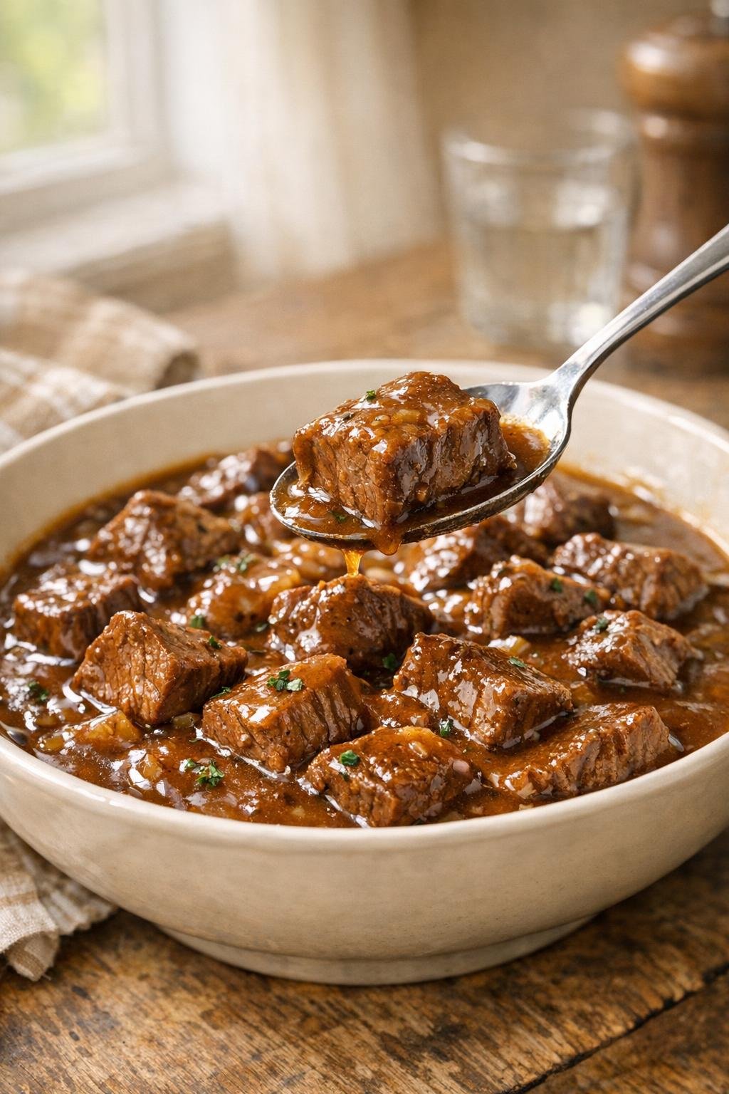 Finished beef tips plated in a cream-colored bowl with rich brown gravy