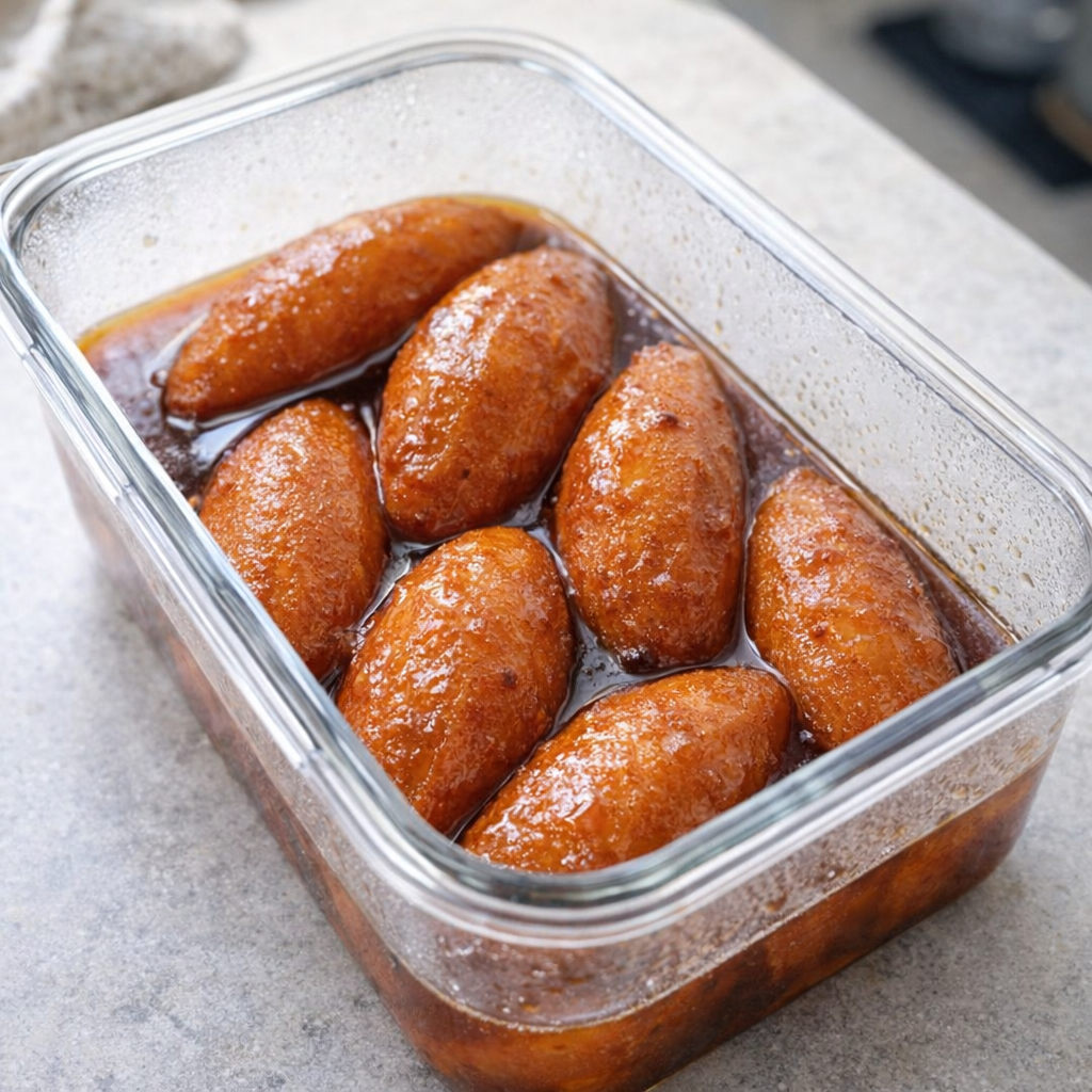 Leftover candied sweet potatoes stored in a glass container