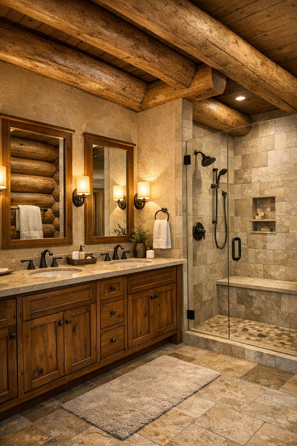 Rustic bathroom with wood vanity, pale stone, and warm soft lighting