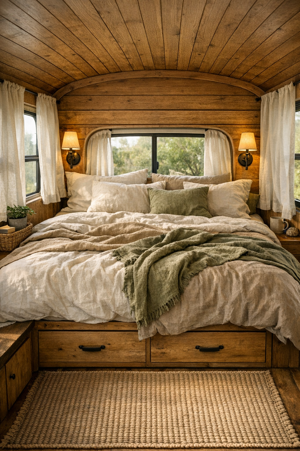 Warm built-in bedroom inside a converted bus with layered linen bedding and wood paneling