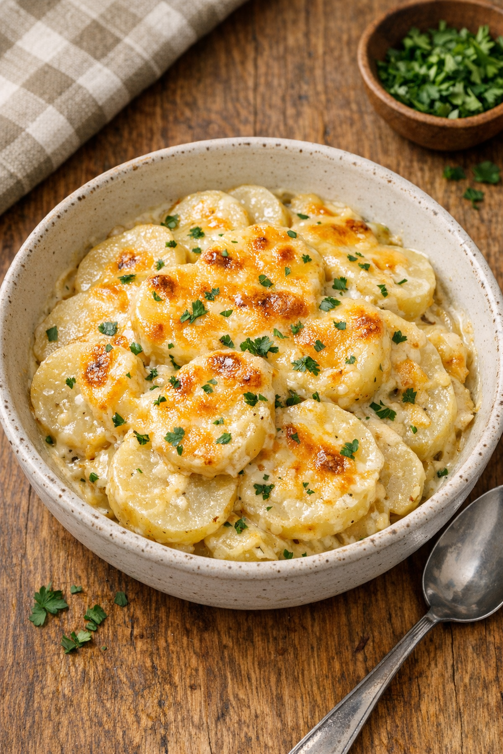 Finished slow cooker Amish picnic potatoes plated in a serving bowl