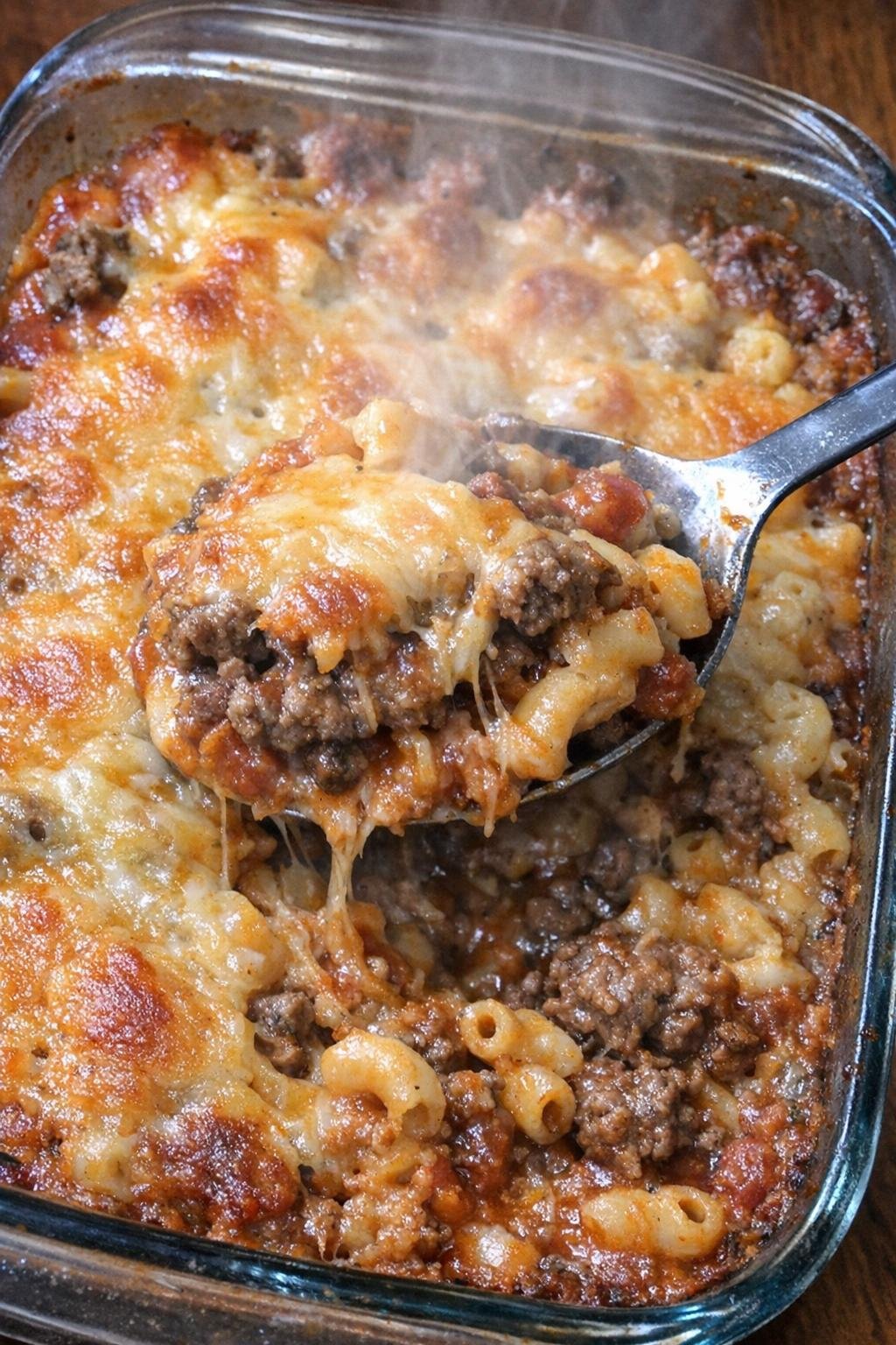 Hearty beef bake in a glass baking dish