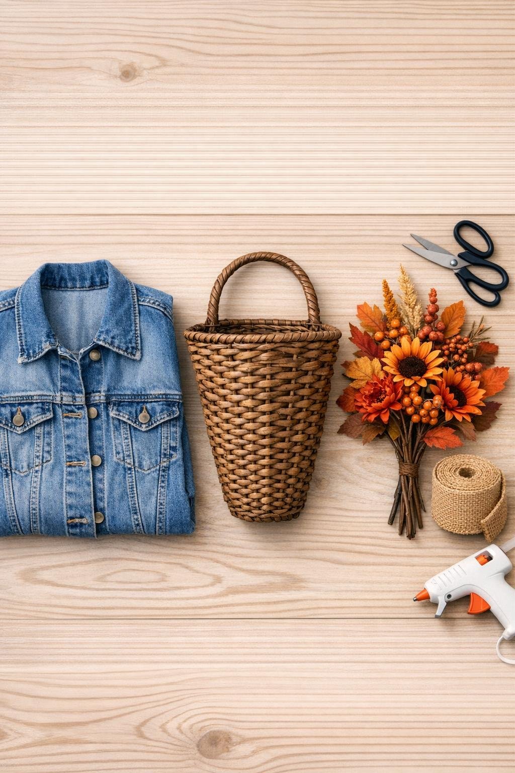 Materials for a denim fall door basket laid out together