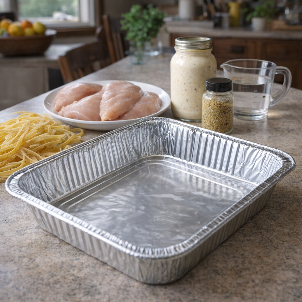 Foil baking pan and ingredients arranged for prep