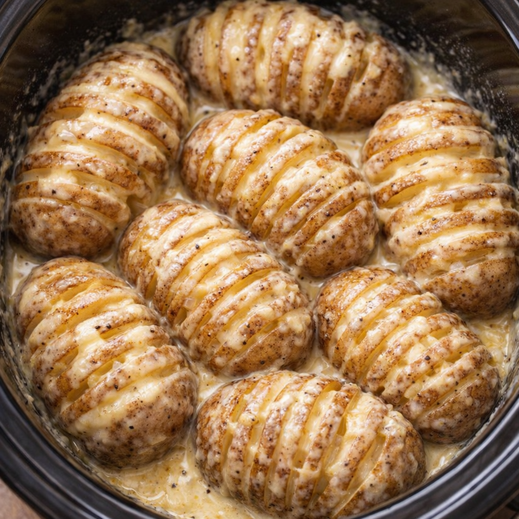 Slow cooker filled with sauced accordion potatoes before cooking