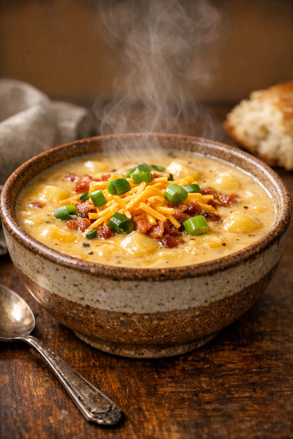 Finished loaded velvet potato soup served in a rustic bowl
