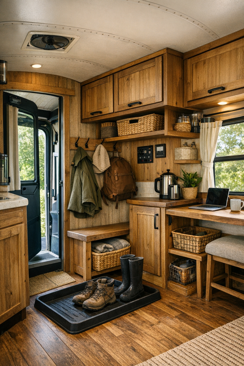 Converted bus entry and utility area with storage, hooks, and small workspace