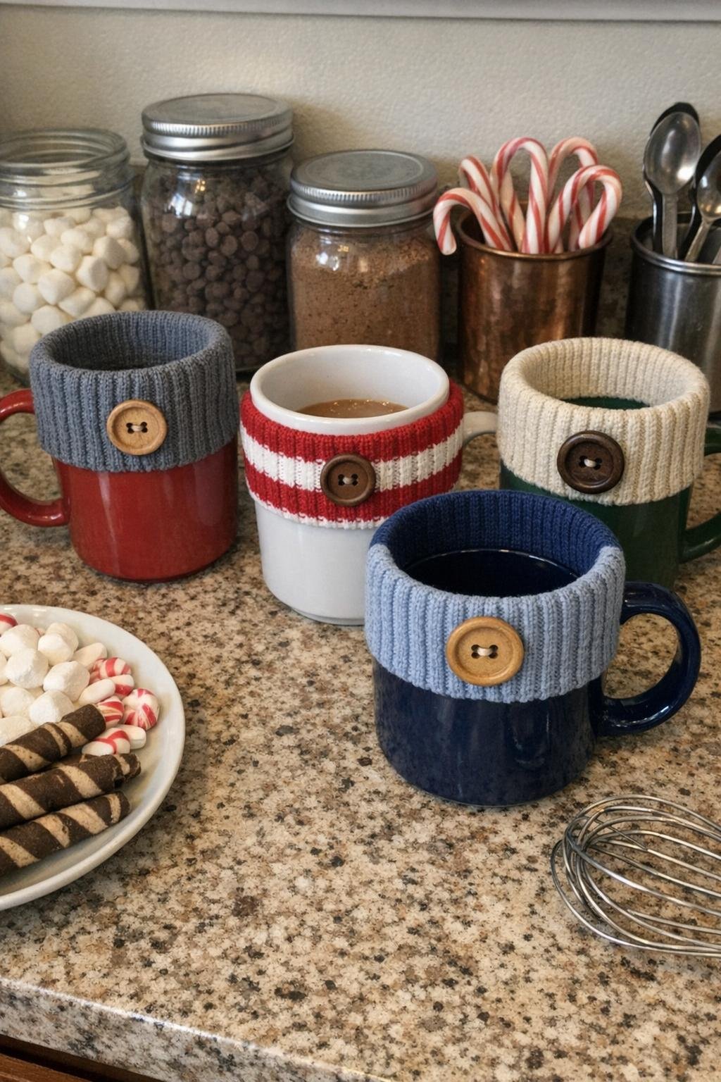 Several mugs fitted with sock cuff cozies and buttons