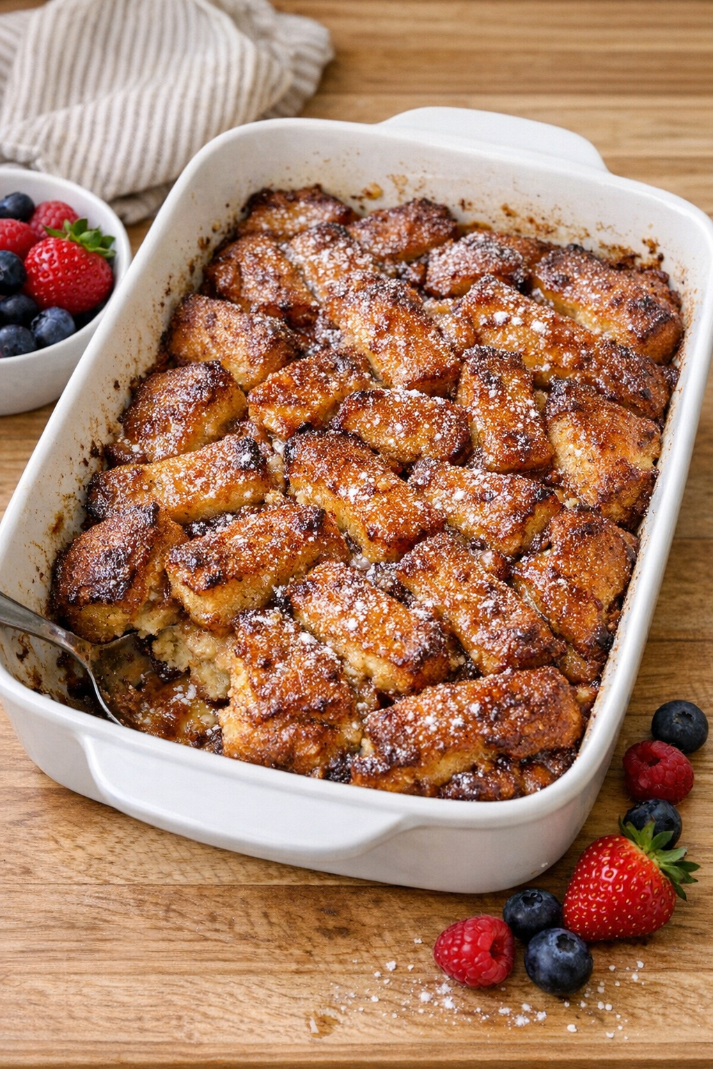Finished baked french toast stick dessert in a ceramic baking dish