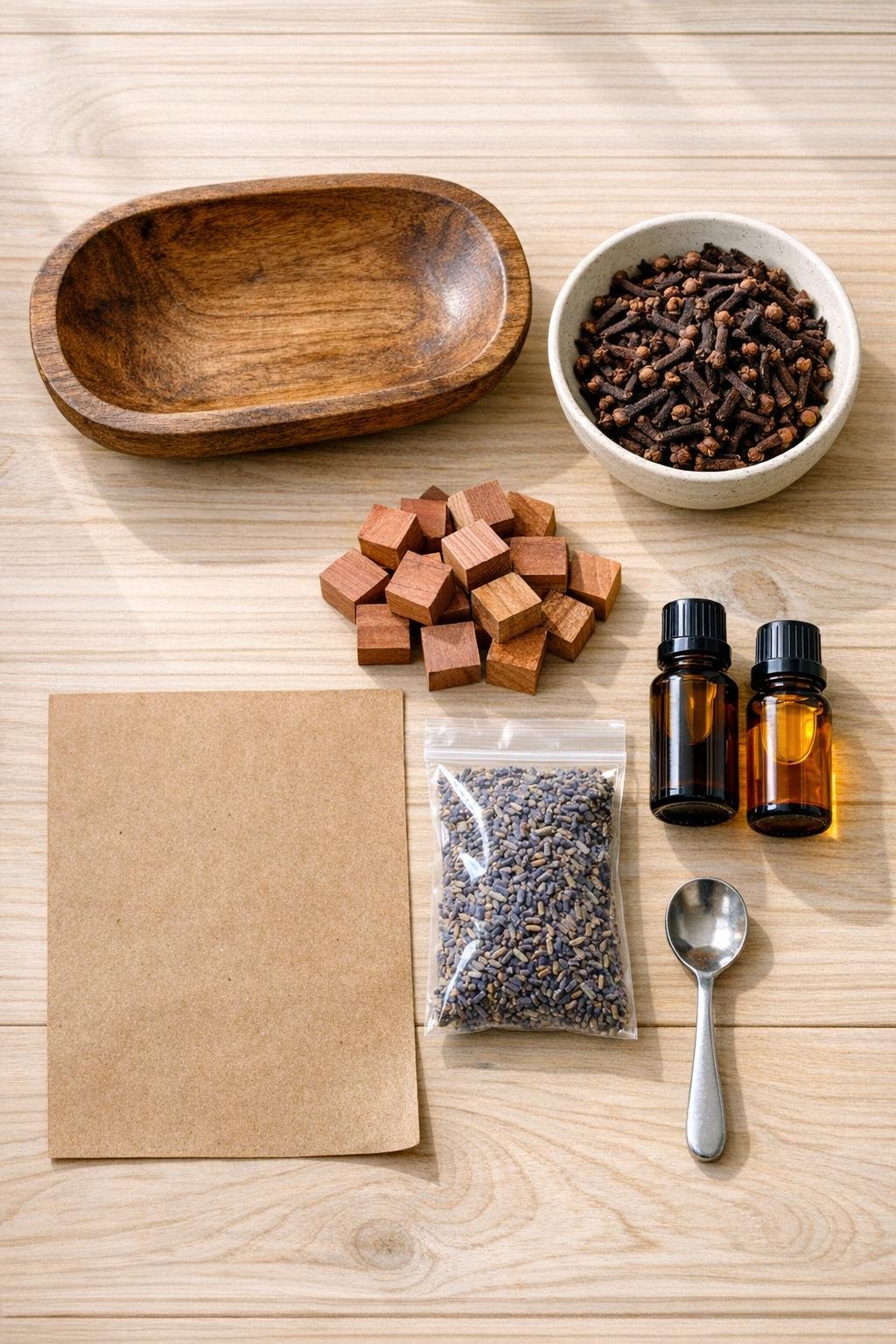 Materials for a bedroom freshener tray laid out neatly