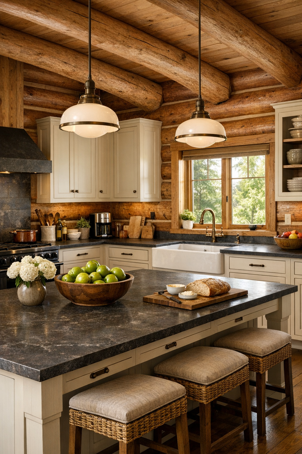 Crafted log home kitchen with light cabinetry and large family island
