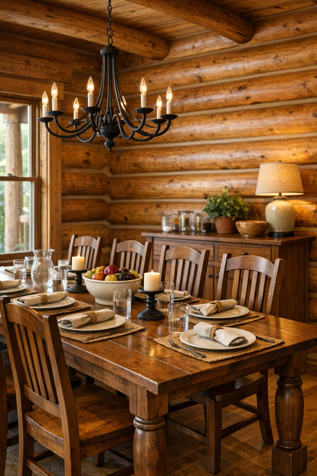 Craftsman-style dining room with solid wood table, Amish chairs, and warm log walls
