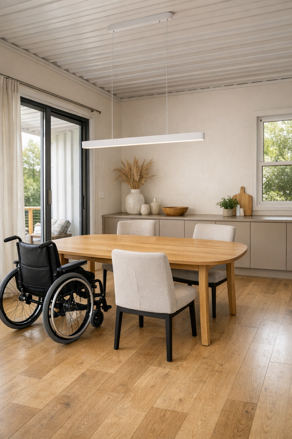 Accessible dining room with oak table and soft modern lighting